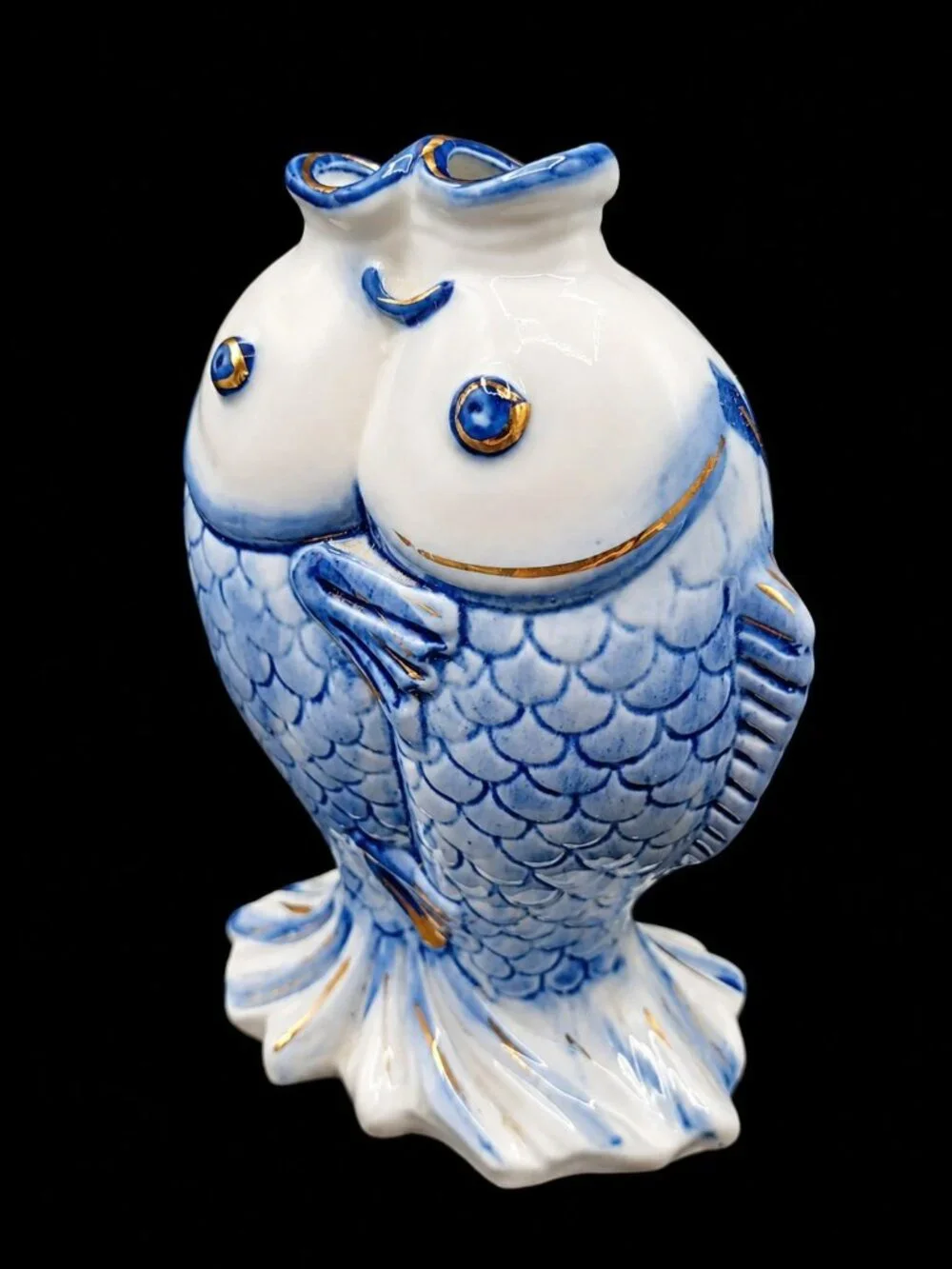 Mid-Century Modern Kissing Chinese Koi Fish Vase Figurine Blue White Porcelain